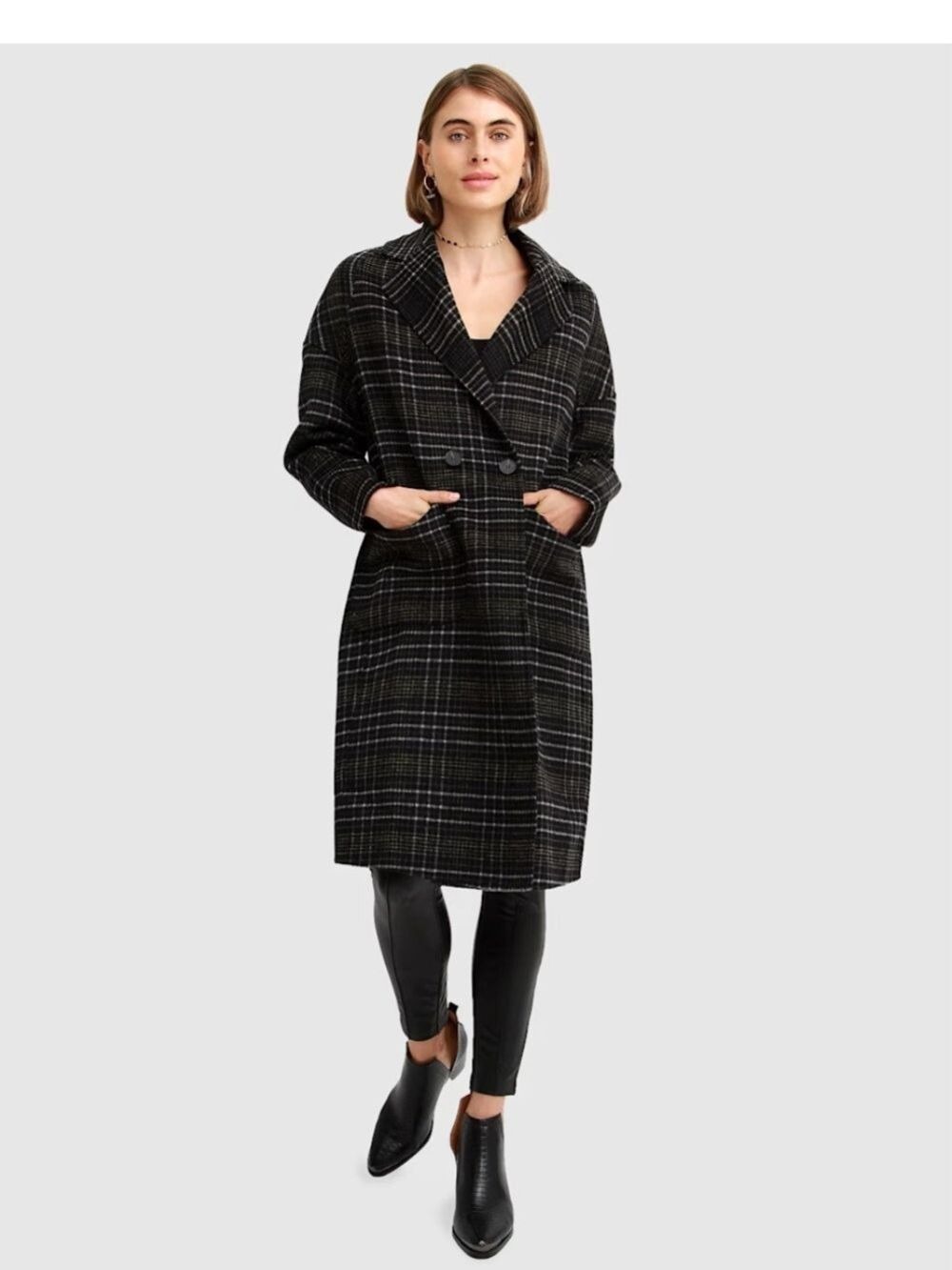 Wool-Blend Plaid Long Coat - Black